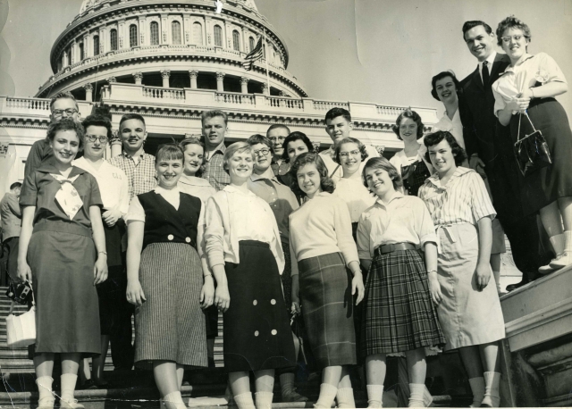 Senior Trip to Washington D.C. on the train:
bottom row l/r- ?, Sharon Gendrich, Mary Barnes, Jane Williams, Judy Gorell, Barb Howell:
middle row l/r- ?, Goloria Zeilstra, Ann Winchell, Barb Thomas, Carolyn Leverance:
top row l/r- Fred Meyer, Tom Daub,