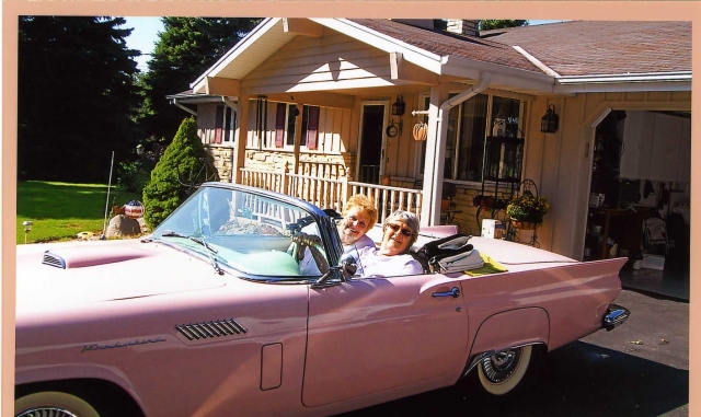 50th class reunion weekend.  Hot babes Marlene Piel (driving) and Judy Handley living it up in one of Marlenes husband Freds classic cars -- a 1957 pink Thunderbird.