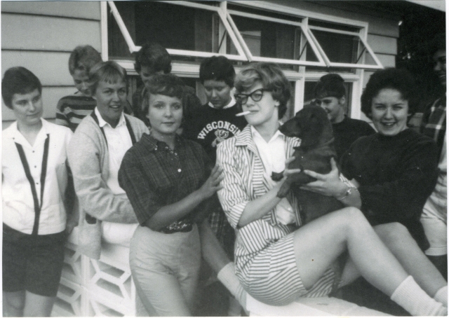 l/r: Joyce Howell, Judy Davis, Kathy Kahl, ?, Jane Trakel, Barb Lucht, Barb Smart, dog, Bonnie Koepke, Sharon Palmer, Joan Vehlow