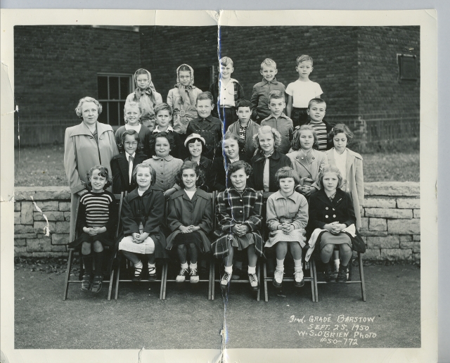 3rd Grade, Barstow 1950

l/r Front Row: Diane Myszka, Sharon Gendrich, Diane Soder, Kathy Kays, Sally Welch, Helen Lyngass;
Second Row: Miss Jennings, Karla Piepenburg, Judy Buzzard, Jeanie Witt, Karen Schantz, Sue Dumke, Karen Krauss, Diane Jorgensen;