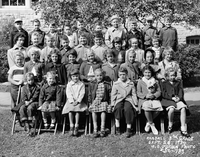 Randall Elem. 3rd grade;IDs supplied by Bruce Menzel

top row from l/r; Jim Riebe, Tom Mahnke, Ron Bascombe, Bruce Menzel, George Herrick, Randy Hopf, Peter Hilton Dee Promer, Bill Winkler, Bruce Mielke;
next row:
Miss Mary Dickerman, Tom Leberman, De