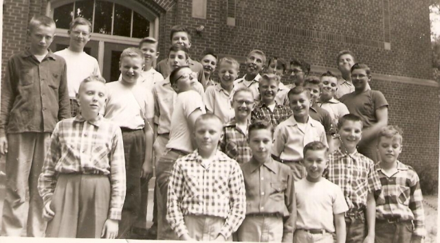 A Home Room ?? :
front row; Tom Leberman, Spencer Miller, Tom Mahnke, Bruce Menzel, Lynn Mickle, Jim Mumper
 - 2nd row; Ernest Mooney, Tom Muehl,?, Toby Mort, Miles Mielke - 3rd row; ?, Rich Oleson, Tom Luther,?, Dan Lehocky,?, Dick Newbury, Lee Mehciz 